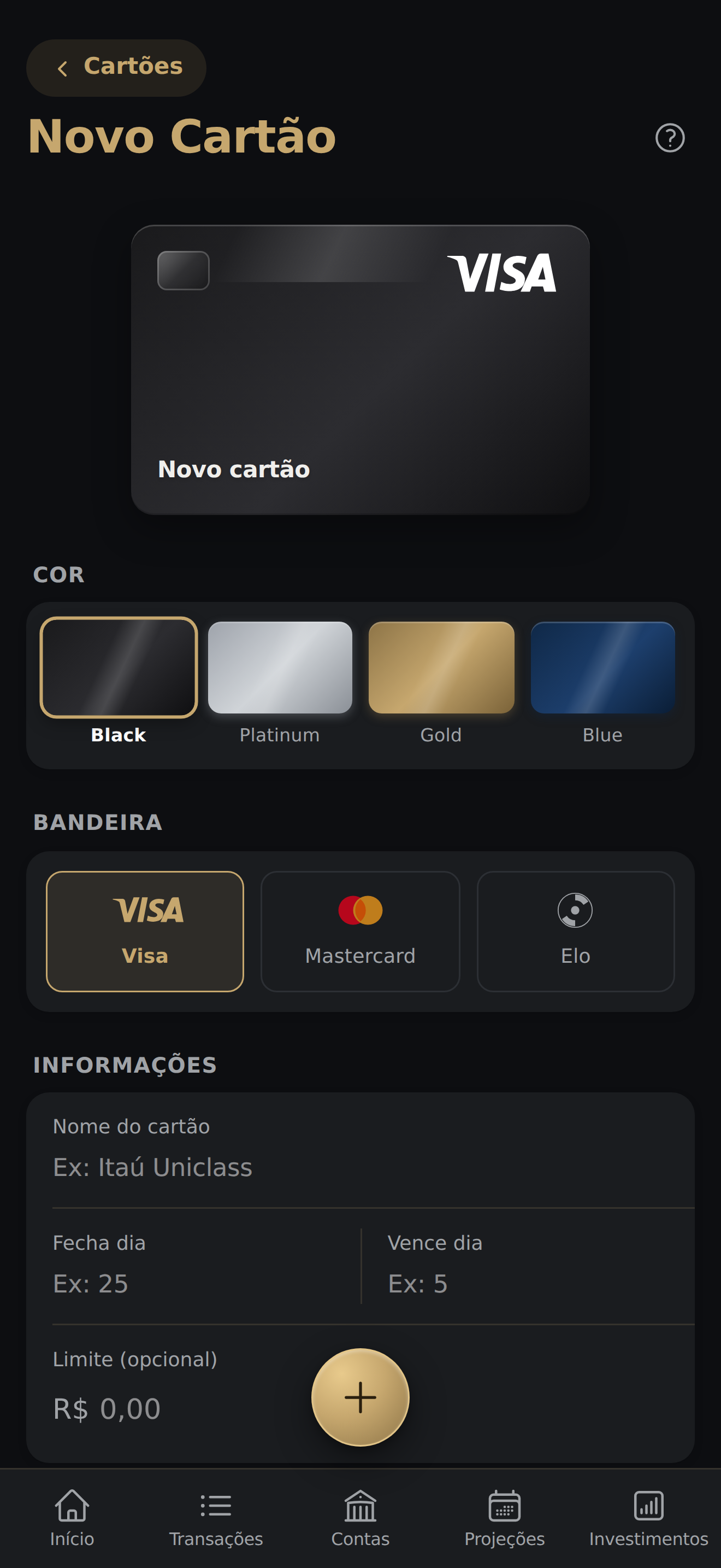 Tela Novo Cartão em branco com preview do cartão, seletor de cor, seletor de bandeira e os campos Nome, Fecha dia, Vence dia e Limite