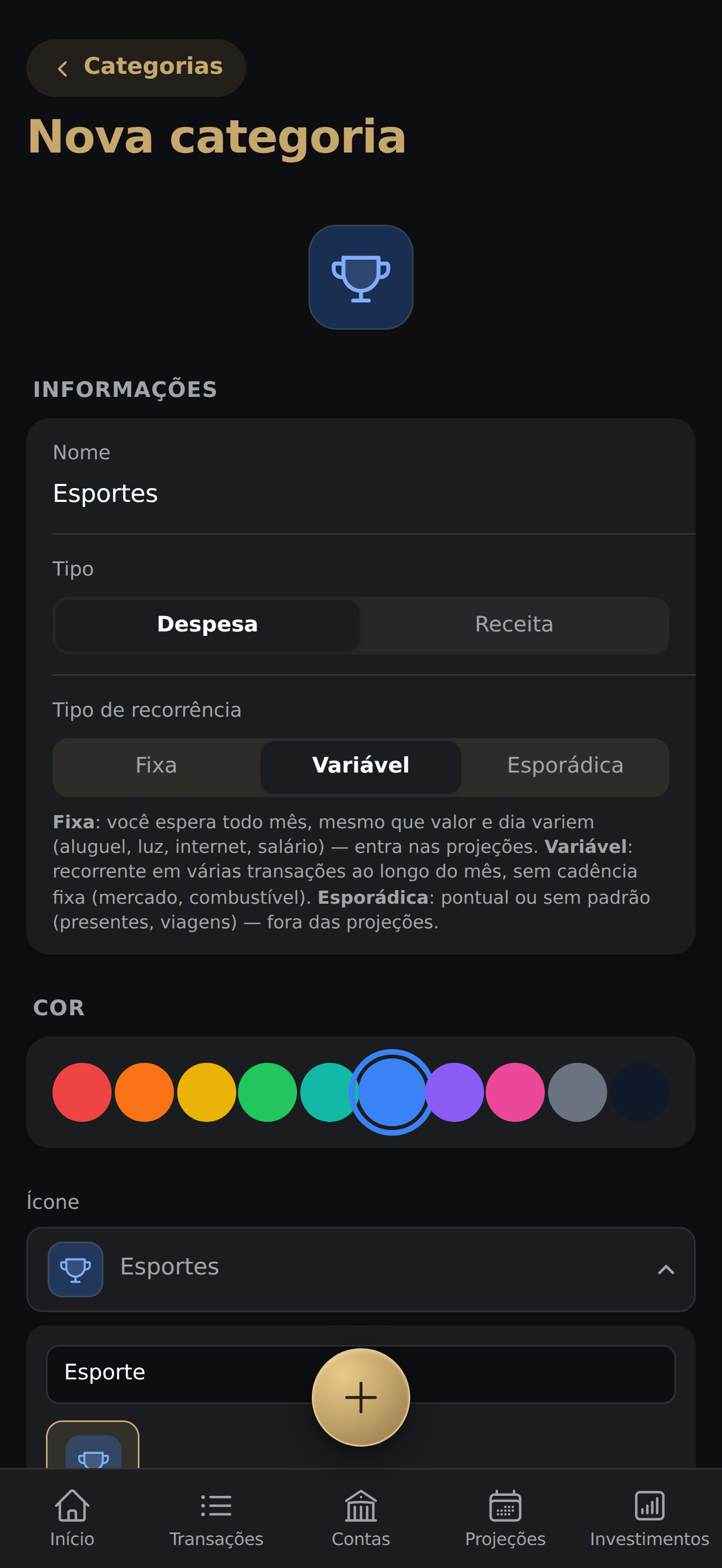 Mesma tela preenchida com Nome 'Esportes', Tipo Despesa, Tipo de recorrência Variável selecionado, cor azul e ícone Esportes (troféu); avatar do topo já reflete a cor e o ícone
