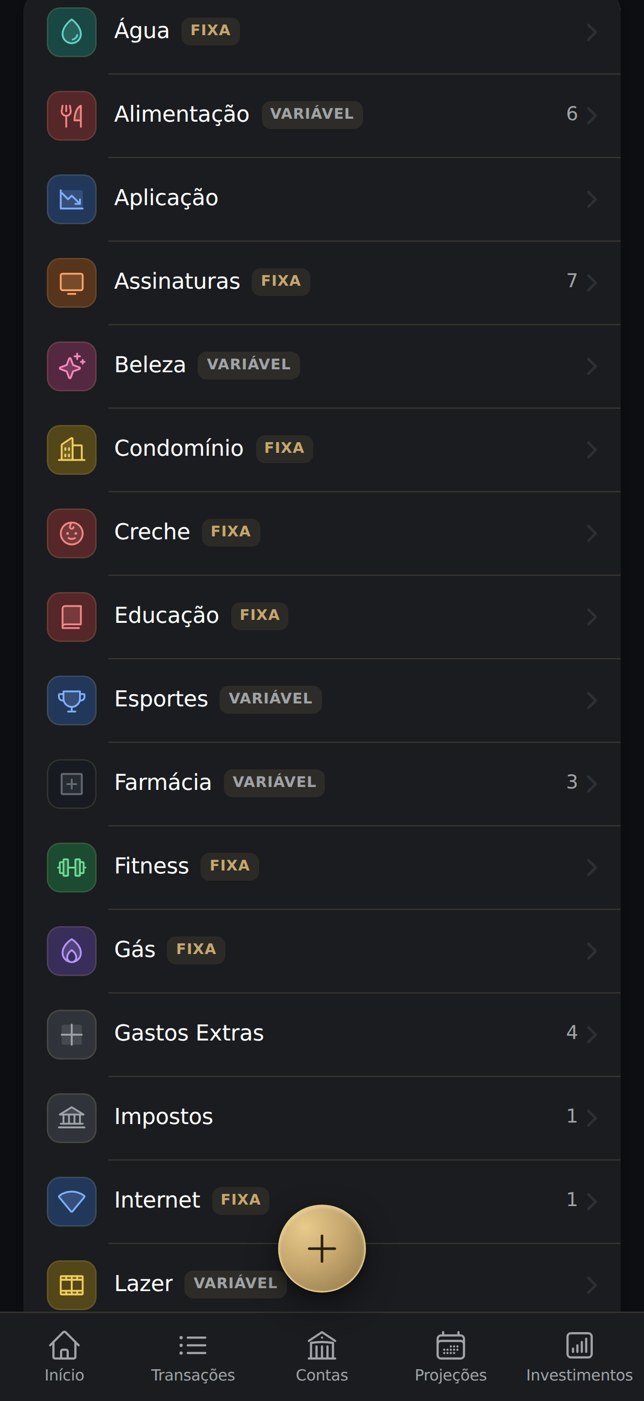 Tela Categorias com a nova categoria 'Esportes' criada (ícone troféu, badge VARIÁVEL) na lista de DESPESAS, ordenada alfabeticamente entre Educação e Farmácia