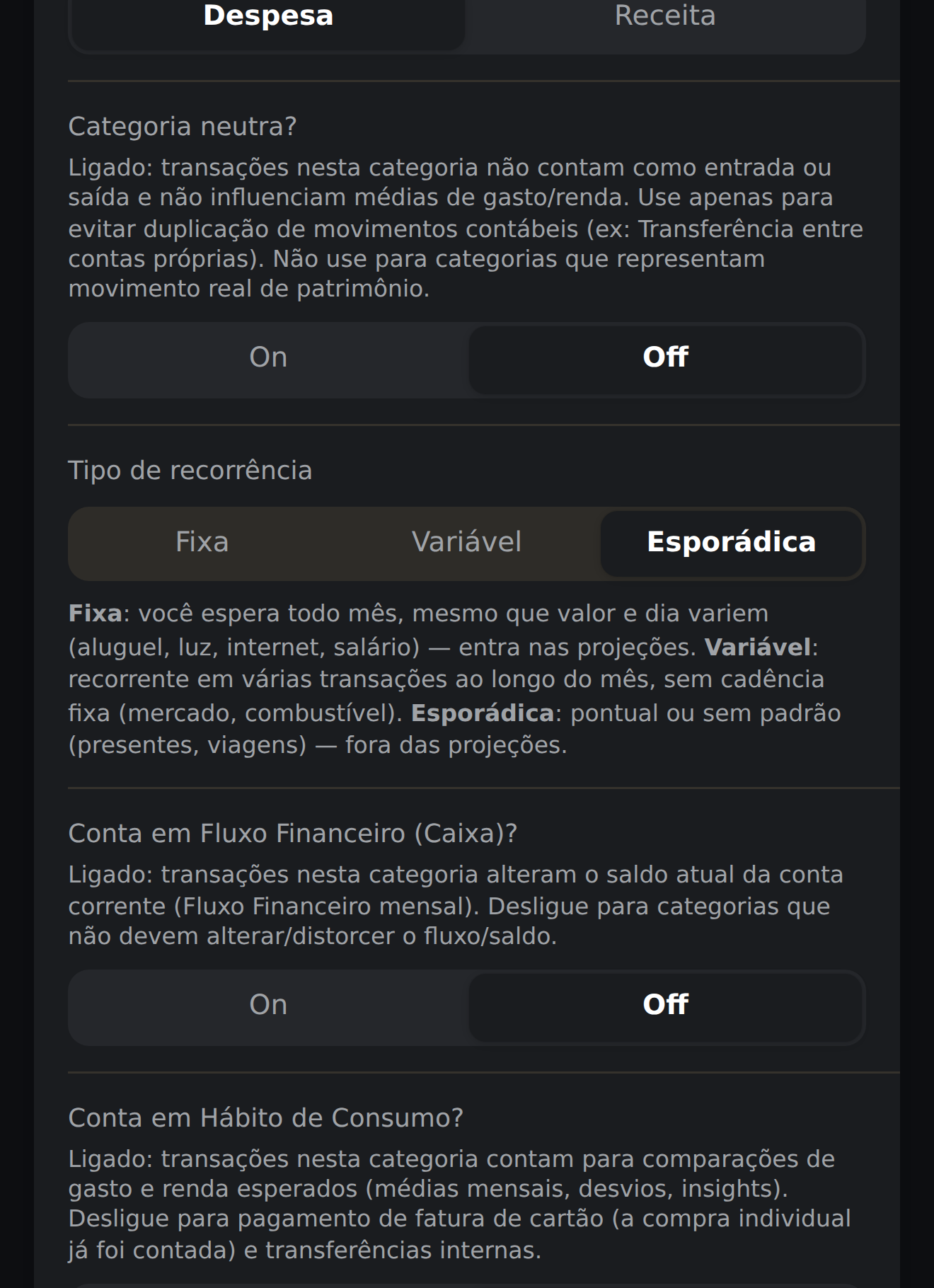 Tela Editar categoria mostrando os três interruptores 'Categoria neutra?', 'Conta em Fluxo Financeiro (Caixa)?' e 'Conta em Hábito de Consumo?', cada um com explicação e toggle On/Off