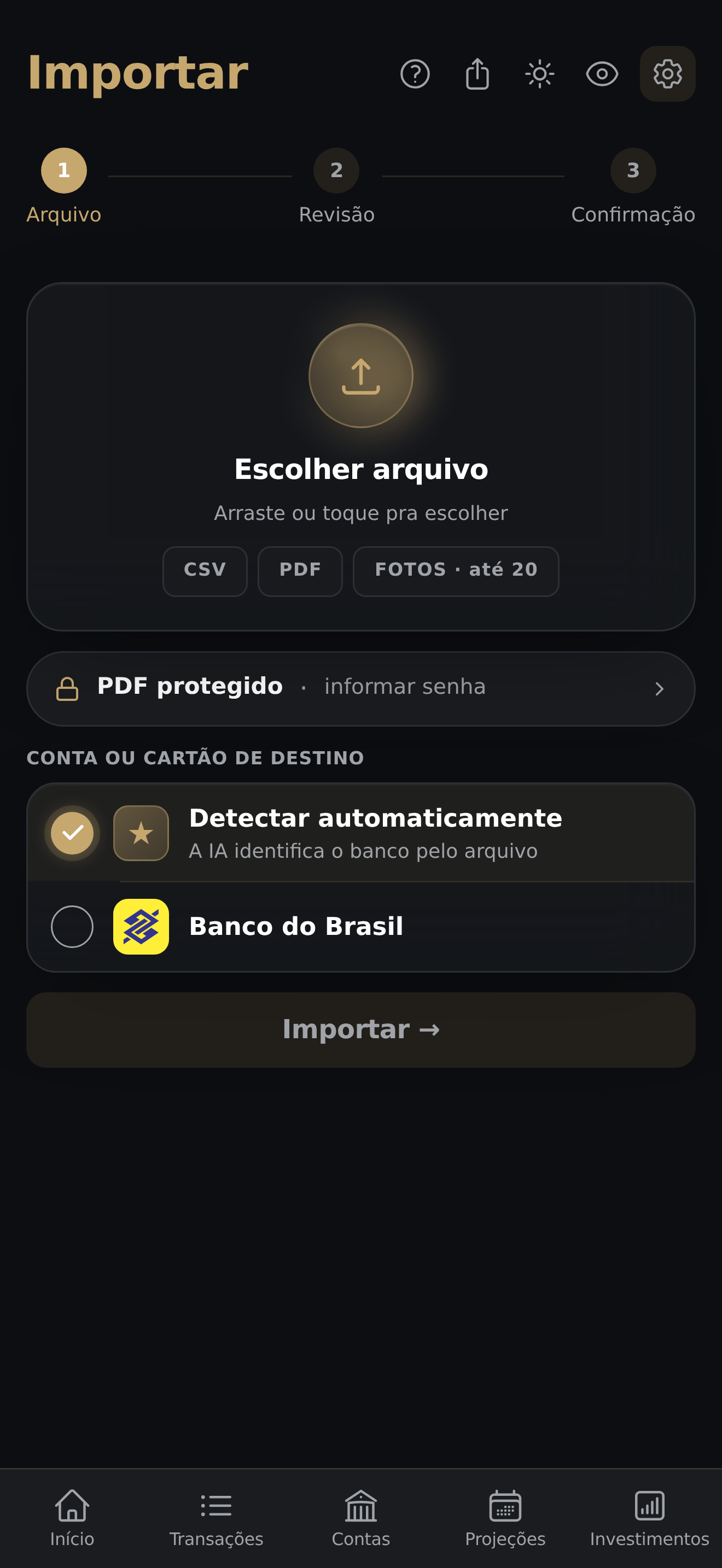 Tela de importação do FinFlowme: escolher um extrato em CSV, PDF ou foto
