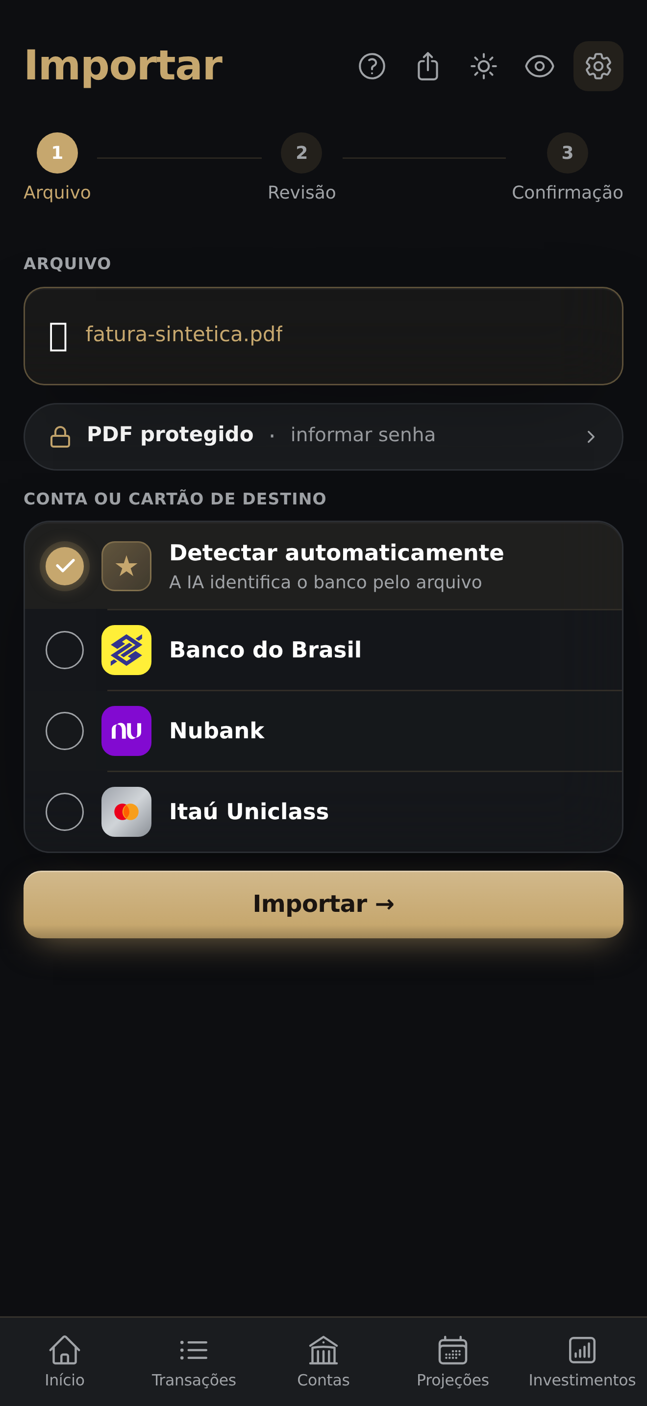 Seção Conta ou cartão de destino com 'Detectar automaticamente' e a lista de contas e cartões cadastrados, botão Importar habilitado