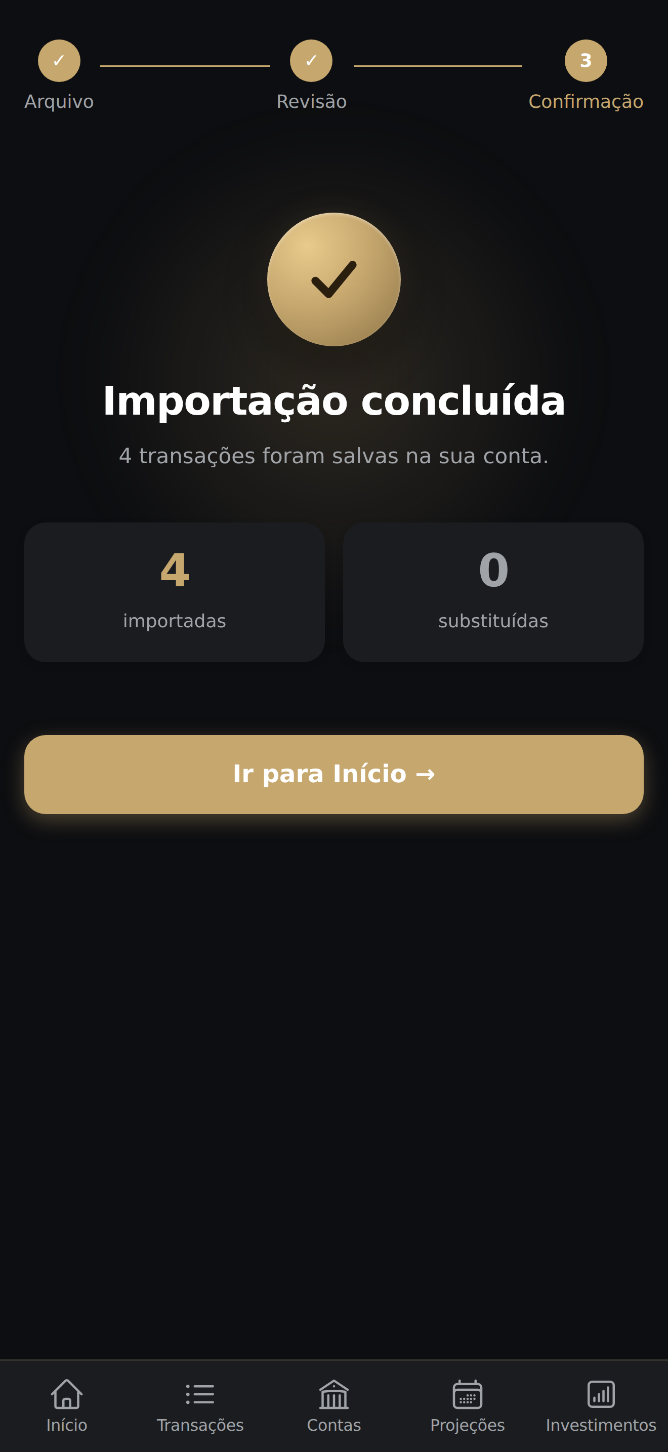 Tela final com mensagem de importação concluída, contagem de importadas e substituídas, e botão Ir para Início