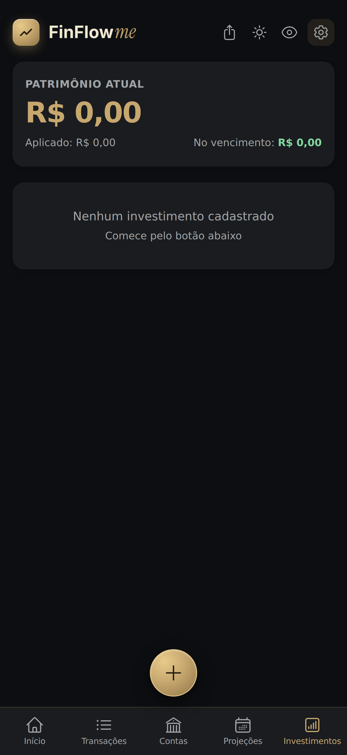 Tela Investimentos sem nenhum investimento cadastrado, com mensagem orientando a tocar no botão mais dourado
