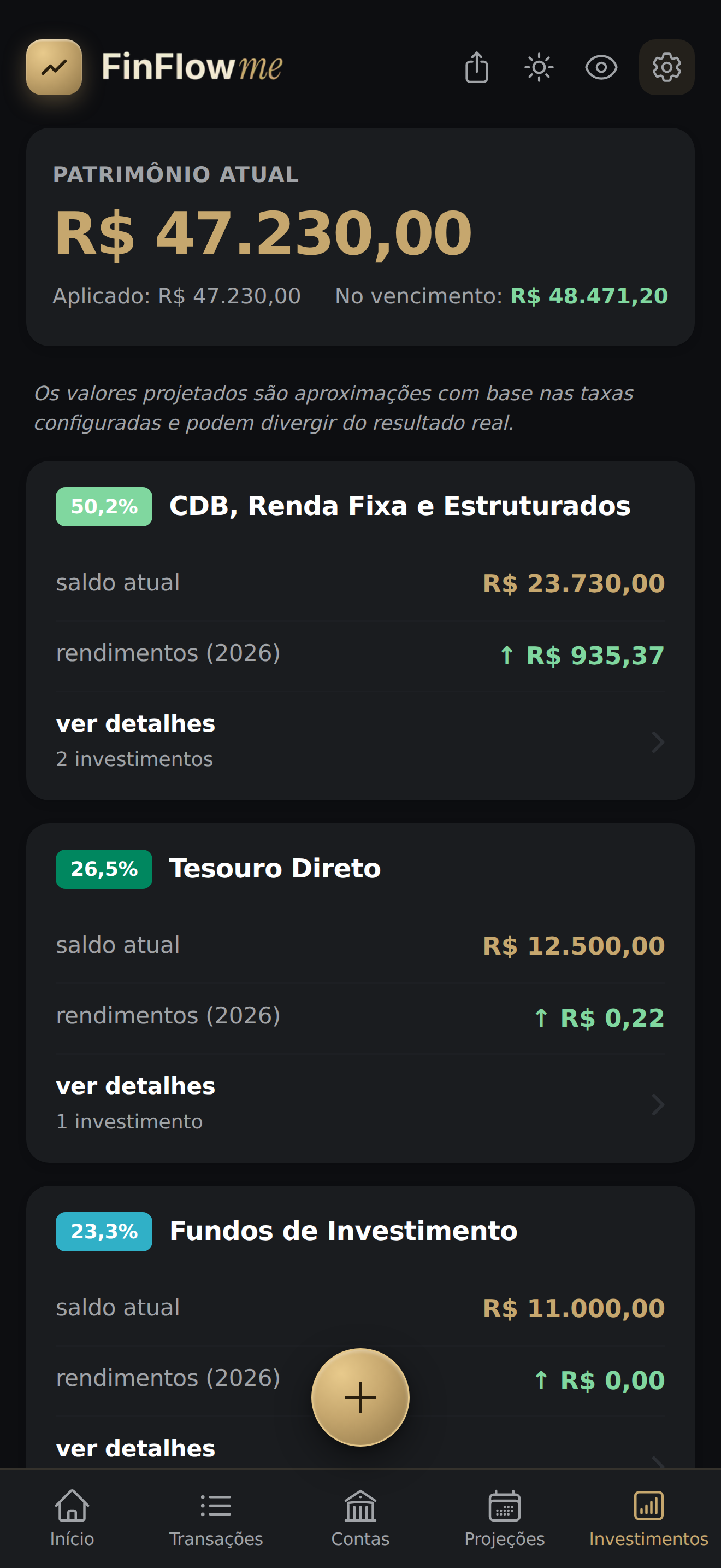 Tela Investimentos com o patrimônio atual em destaque e os cards por grupo (CDB/Renda Fixa, Tesouro Direto, Fundos) com percentual, saldo e rendimentos de cada um