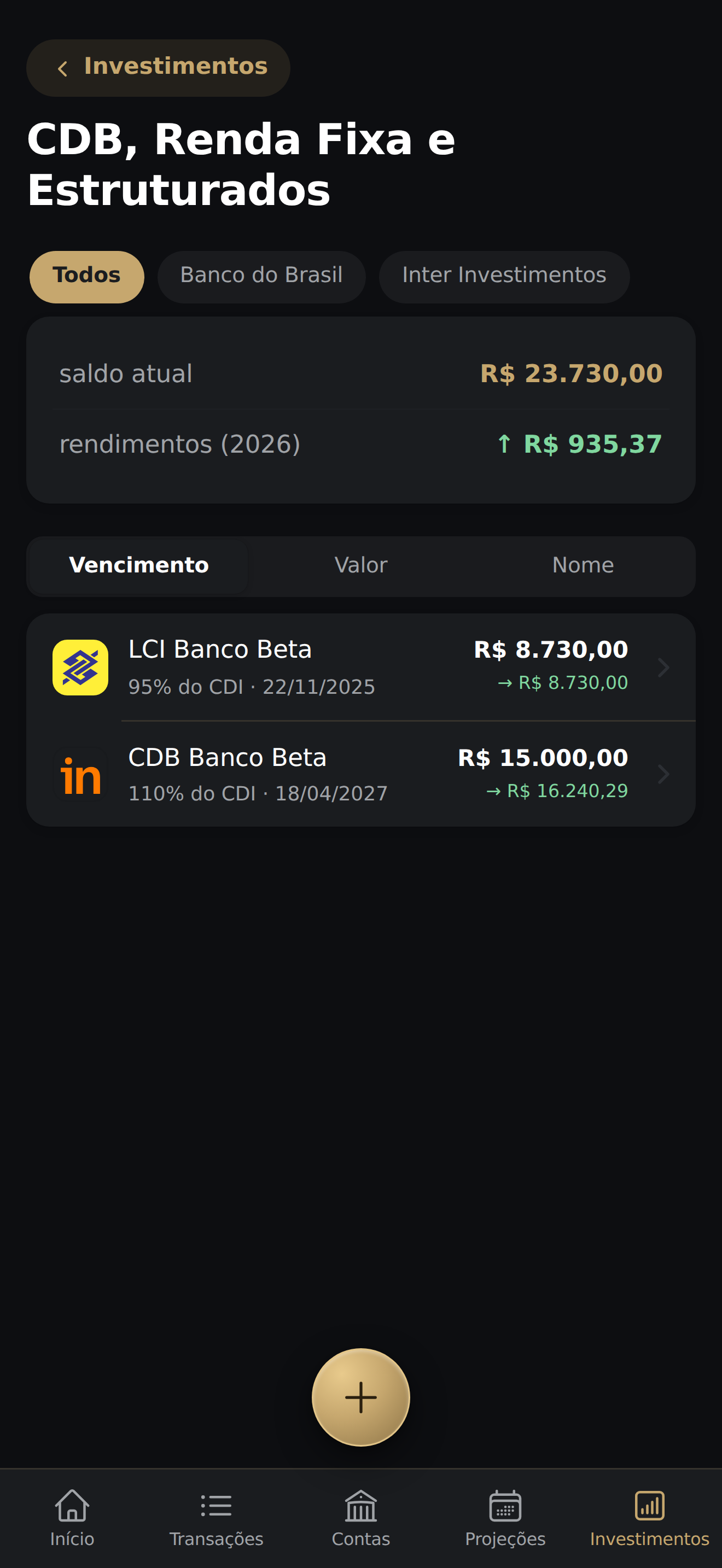 Tela detalhe de grupo (ex: Renda fixa) com filtro por custodiante e lista de papéis daquele grupo