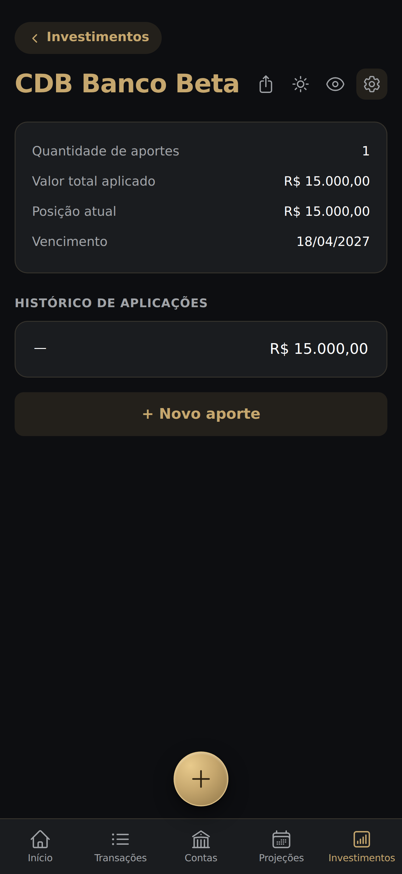 Tela de detalhe do investimento CDB Banco Beta com quantidade de aportes, valor total aplicado, posição atual, vencimento, histórico de aplicações e o botão Novo aporte