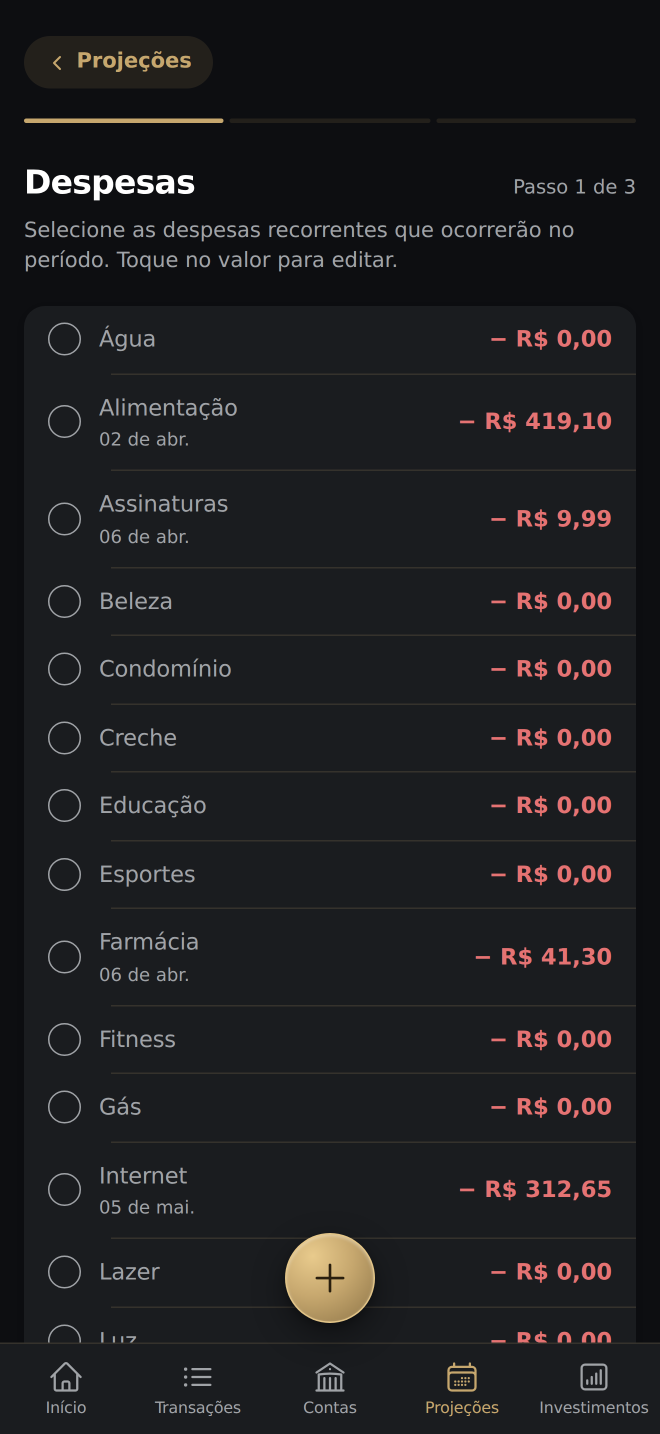 Passo 1 de 3 com lista de despesas recorrentes detectadas — todas desmarcadas