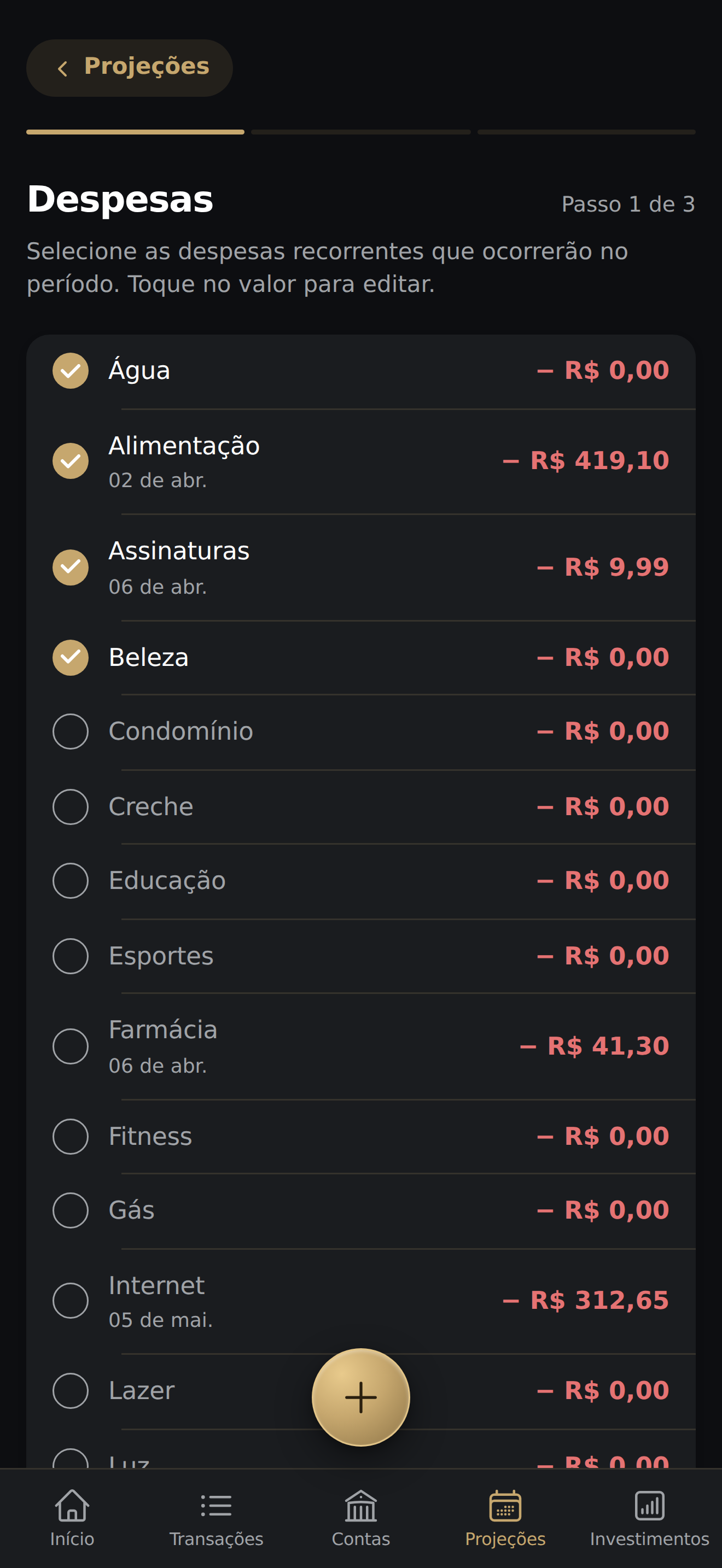 Mesma lista com algumas despesas marcadas (Água, Alimentação, Assinaturas, Beleza) e o botão Avançar habilitado
