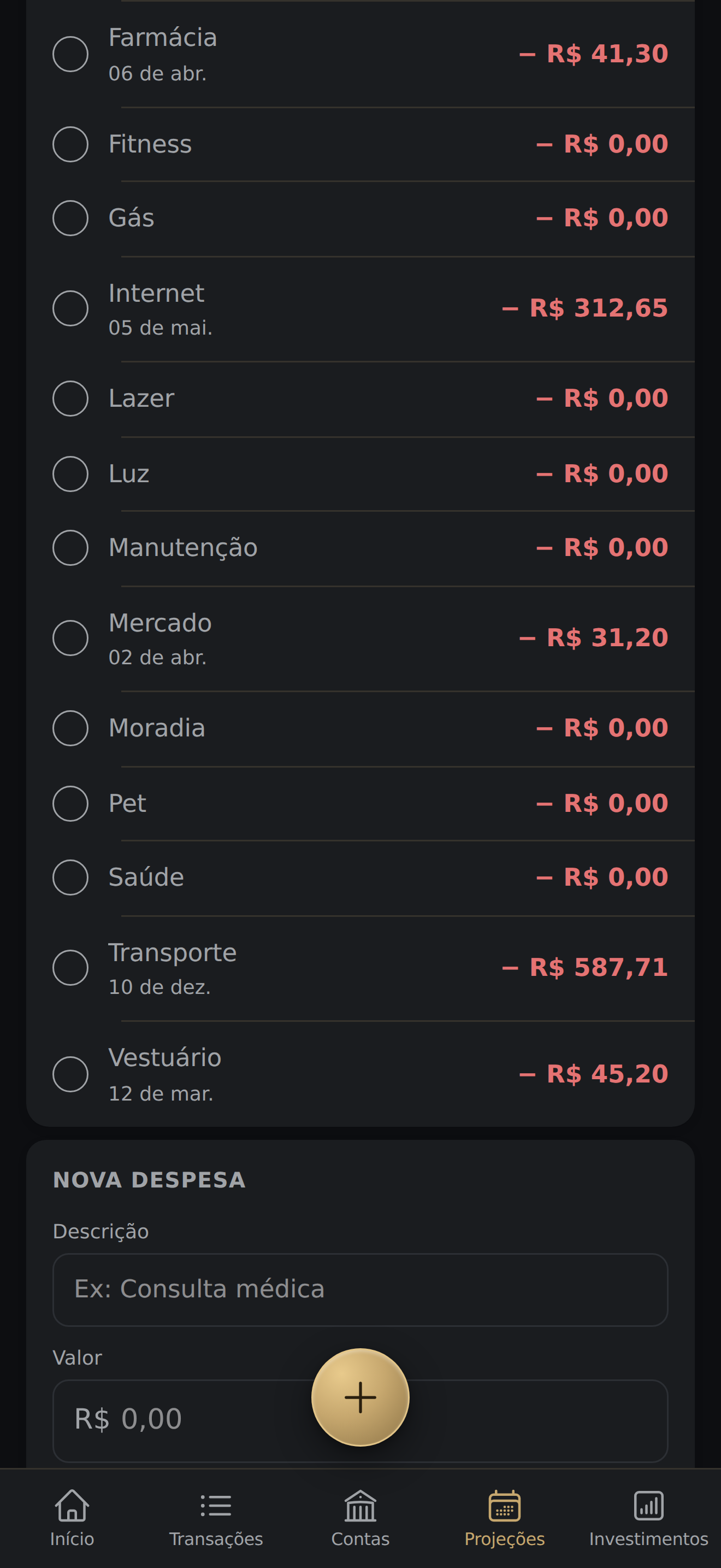 Formulário inline 'Nova despesa' aberto no fim da lista, com os campos Descrição (ex: Consulta médica) e Valor
