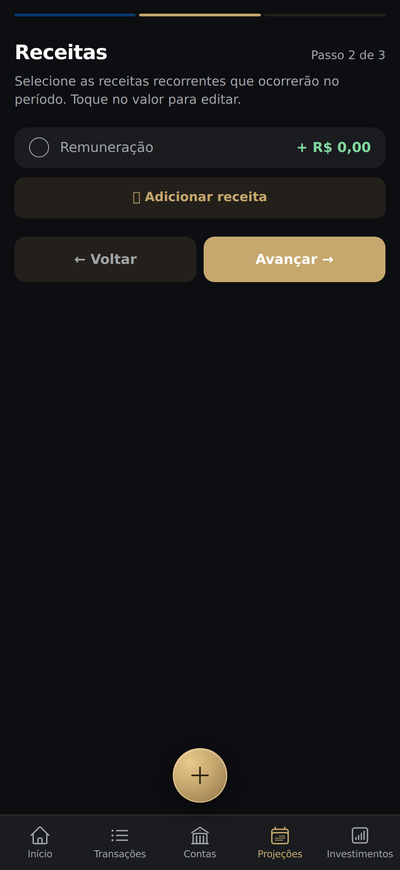 Passo 2 de 3 com as receitas recorrentes listadas, o botão Adicionar receita e os botões Voltar e Avançar