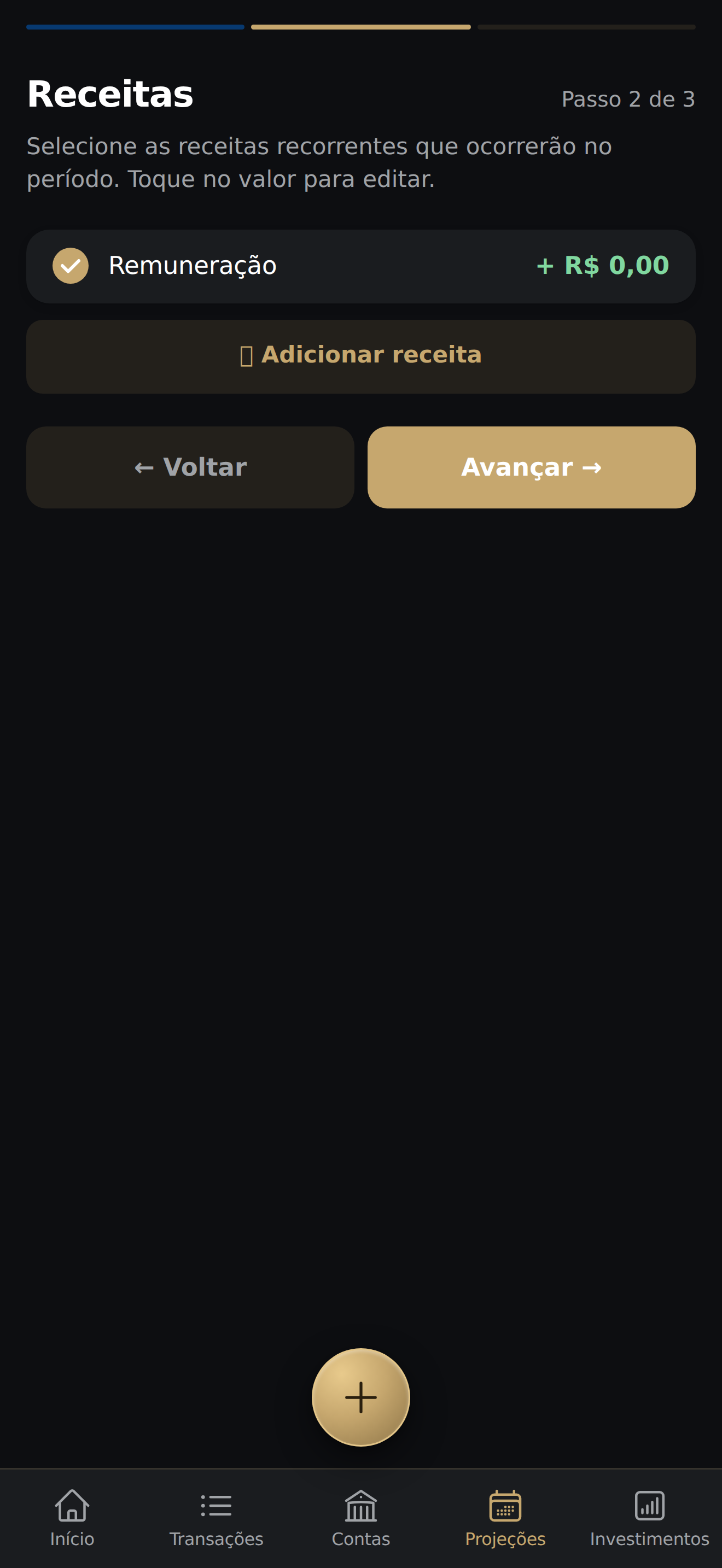 Lista de receitas com a receita recorrente marcada para entrar na projeção